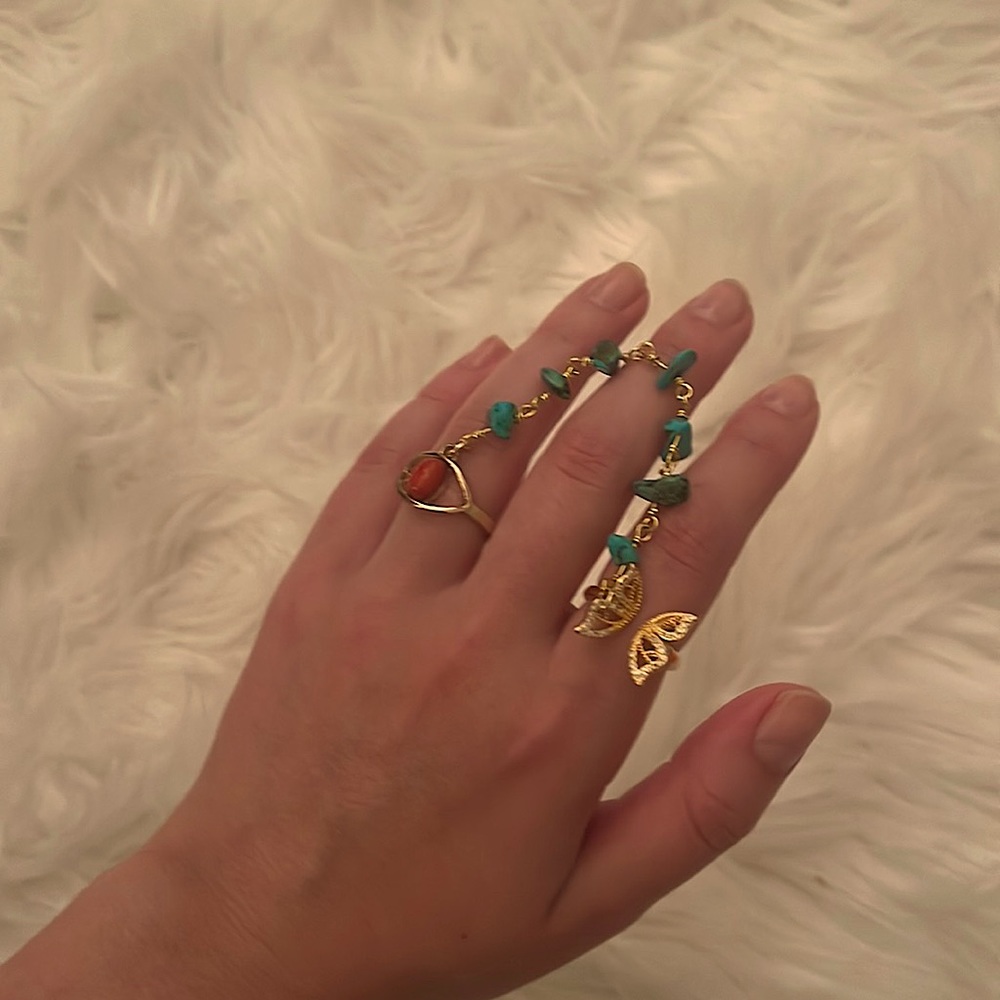 Gold Double Finger Butterfly Ring w Chain